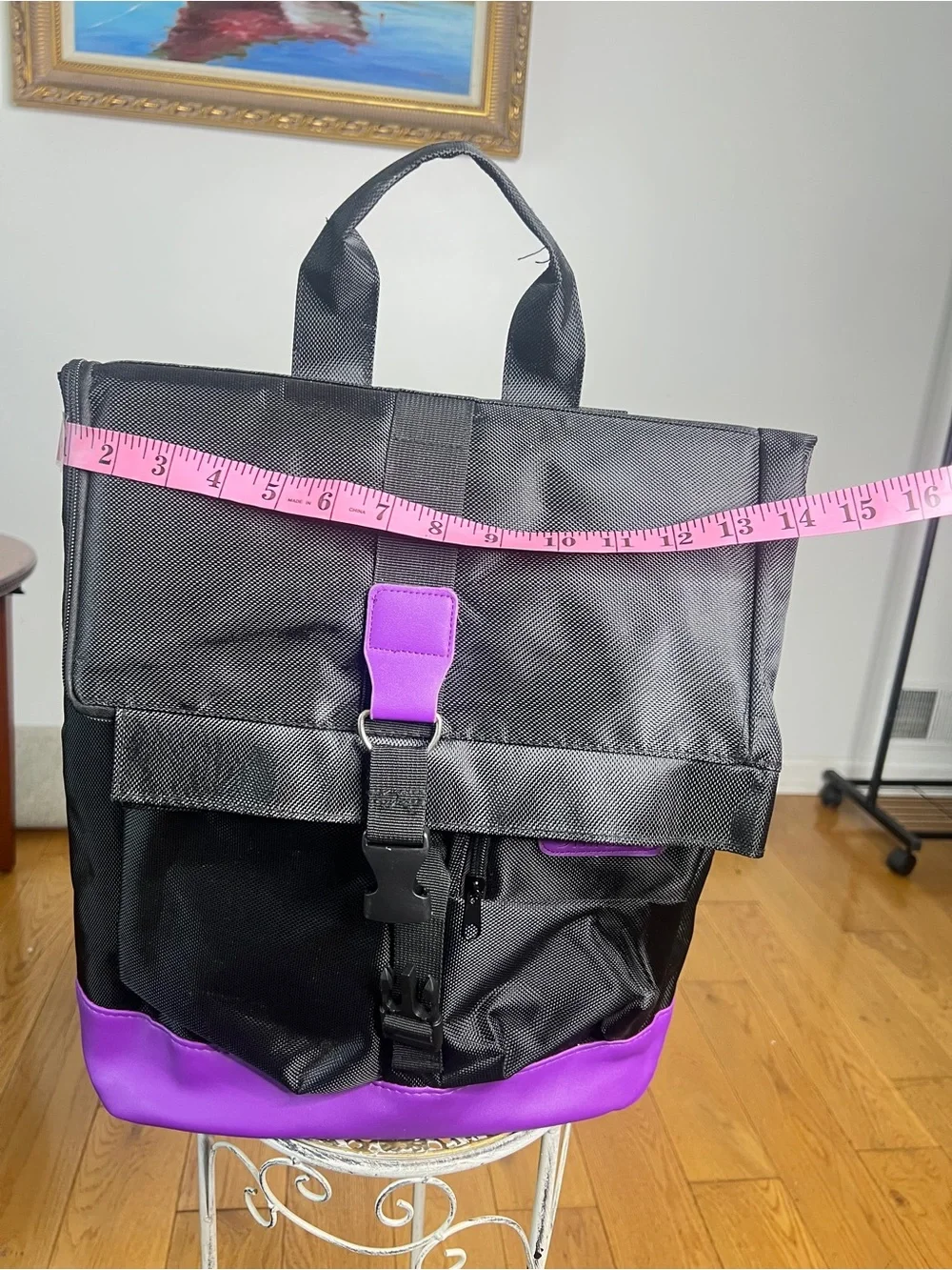 Black and Purple Roll-Top Backpack with Front Pockets